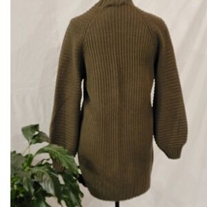 Olive Green Mock Neck Ribbed Knit Puff Sleeve Sweater Dress Mini Raglan Sleeves
